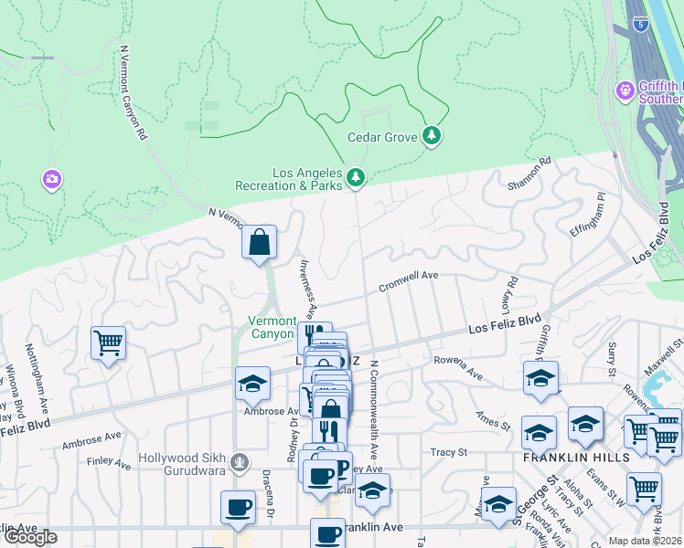 map of restaurants, bars, coffee shops, grocery stores, and more near 4458 Dundee Drive in Los Angeles