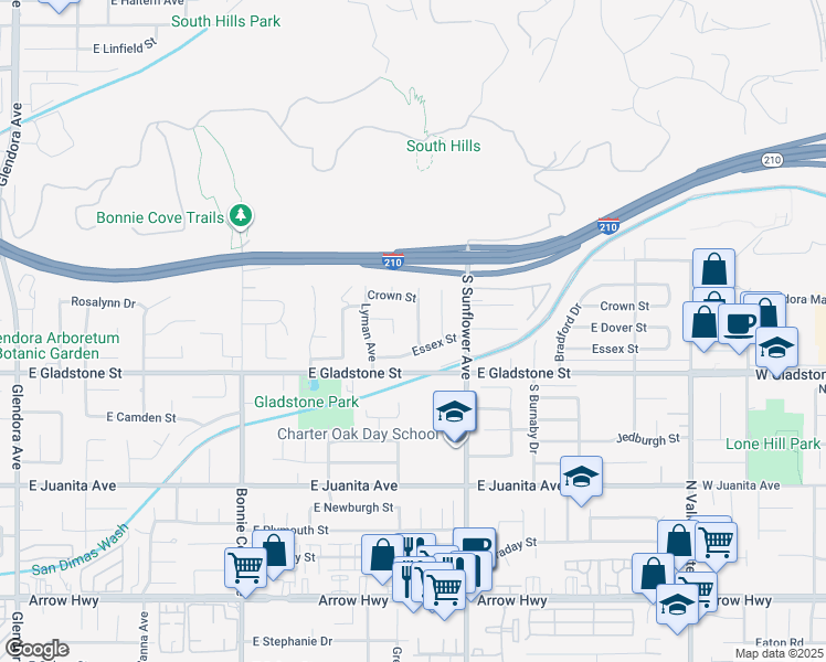 map of restaurants, bars, coffee shops, grocery stores, and more near 1319 York Avenue in Glendora