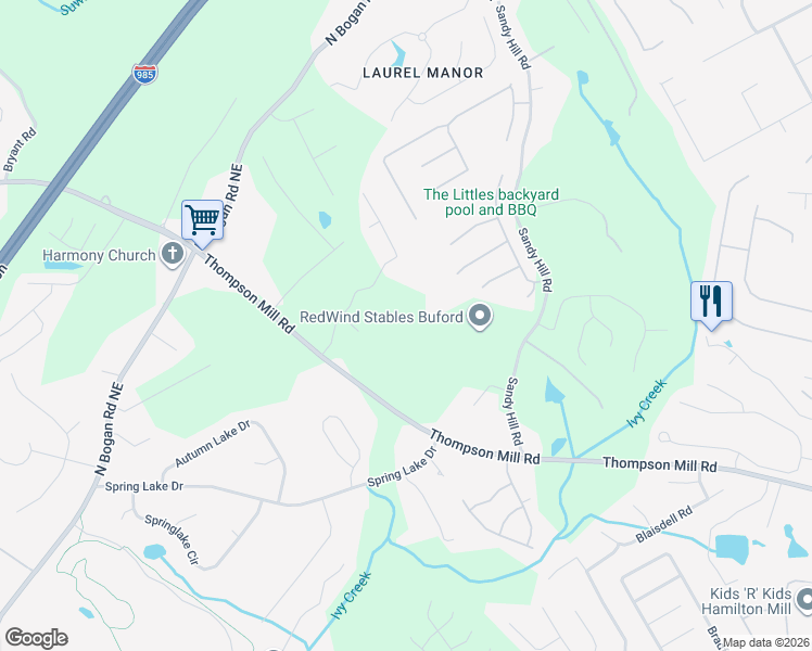map of restaurants, bars, coffee shops, grocery stores, and more near 4115 Thompson Mill Road in Buford