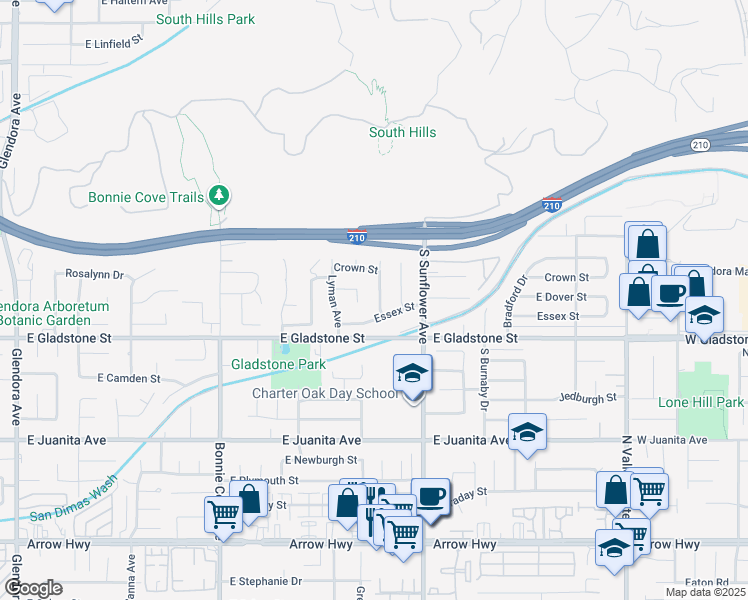 map of restaurants, bars, coffee shops, grocery stores, and more near 1319 York Avenue in Glendora