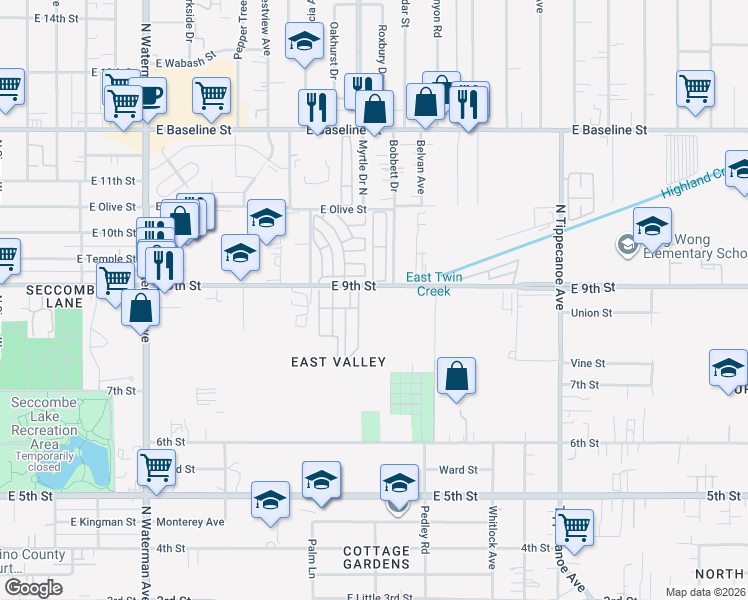 map of restaurants, bars, coffee shops, grocery stores, and more near 765 East 9th Street in San Bernardino