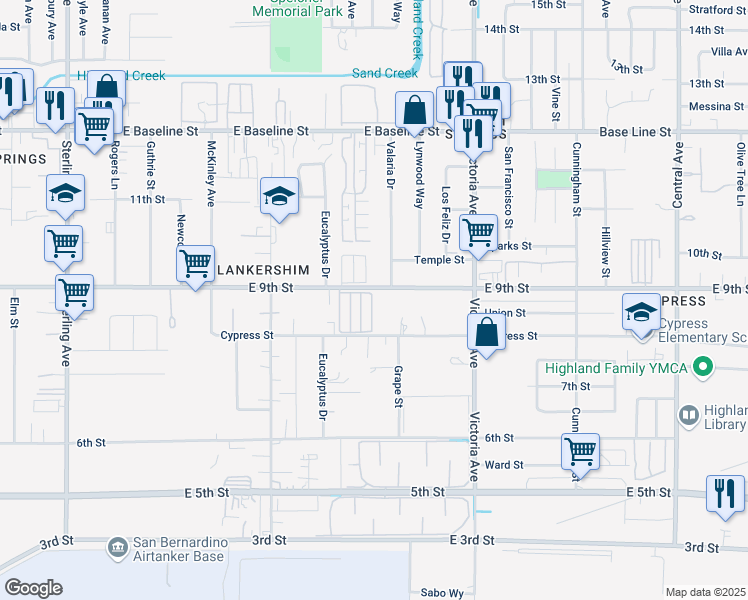 map of restaurants, bars, coffee shops, grocery stores, and more near 26308 9th Street in Highland