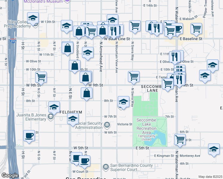 map of restaurants, bars, coffee shops, grocery stores, and more near 918 North Mountain View Avenue in San Bernardino