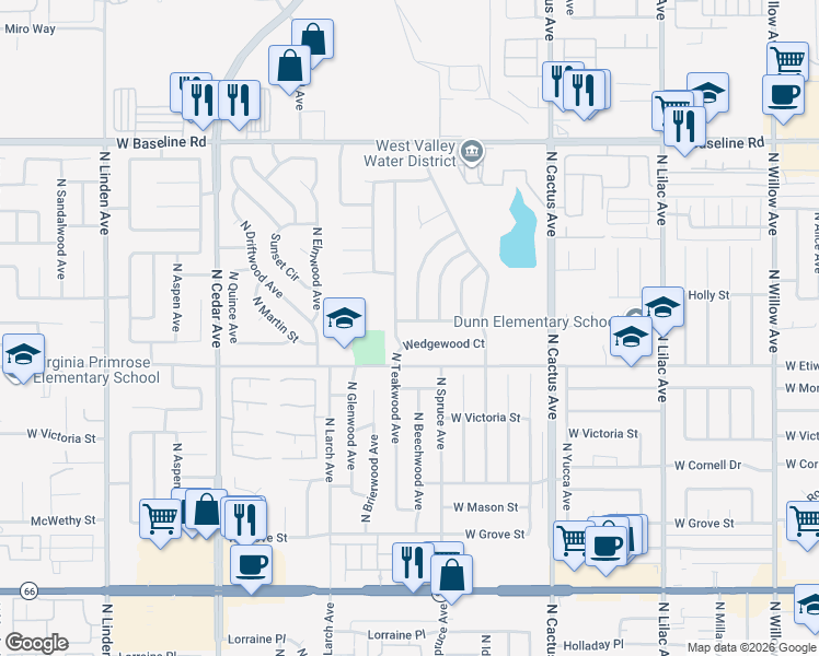 map of restaurants, bars, coffee shops, grocery stores, and more near 909 North Beechwood Avenue in Rialto