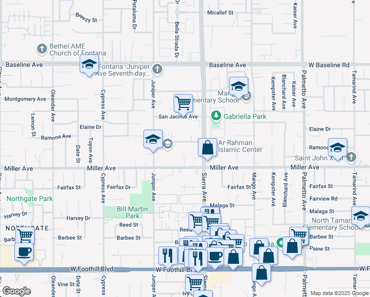 map of restaurants, bars, coffee shops, grocery stores, and more near 16802 Ramona Avenue in Fontana