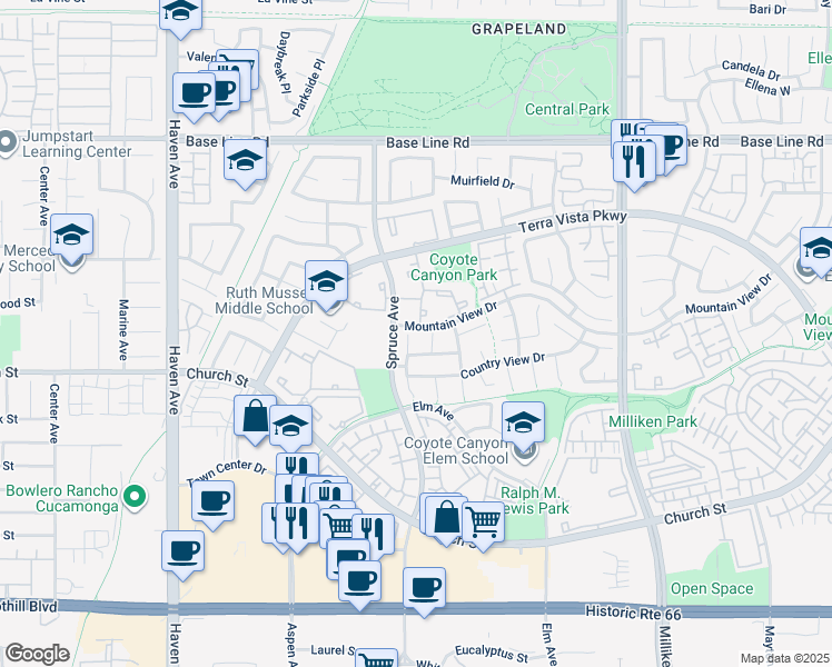 map of restaurants, bars, coffee shops, grocery stores, and more near 104 Spruce Avenue in Rancho Cucamonga