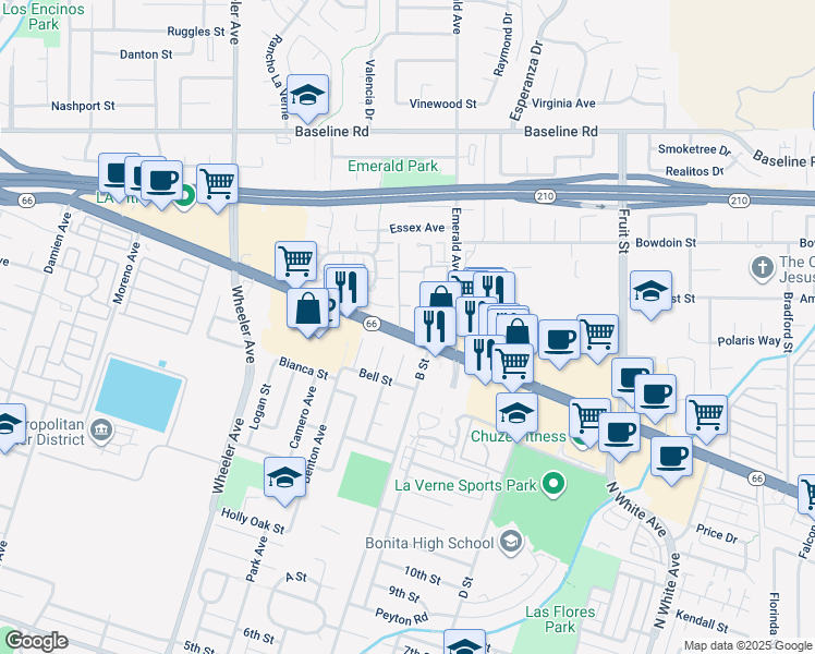 map of restaurants, bars, coffee shops, grocery stores, and more near 3865 Topaz Lane in La Verne