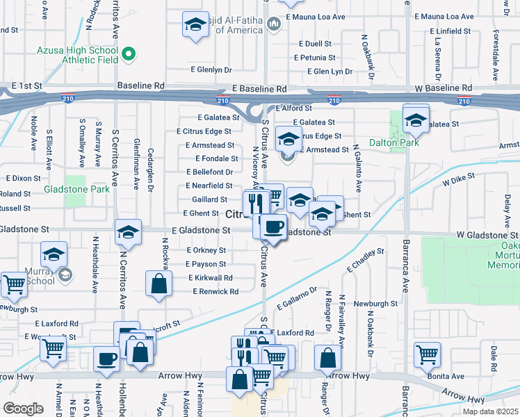map of restaurants, bars, coffee shops, grocery stores, and more near 5659 North Viceroy Avenue in Azusa