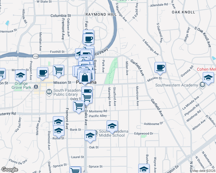 map of restaurants, bars, coffee shops, grocery stores, and more near 825 Park Avenue in South Pasadena