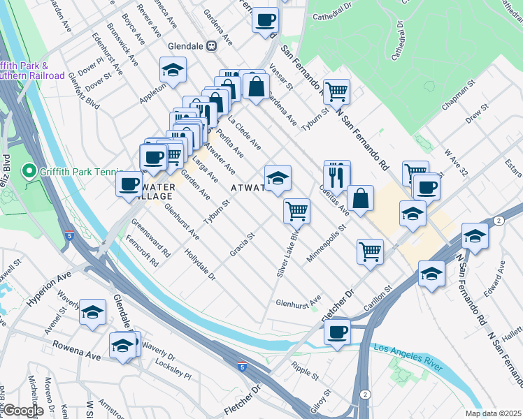 map of restaurants, bars, coffee shops, grocery stores, and more near 3320 Perlita Avenue in Los Angeles