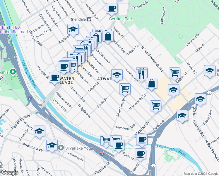 map of restaurants, bars, coffee shops, grocery stores, and more near 3320 Perlita Avenue in Los Angeles