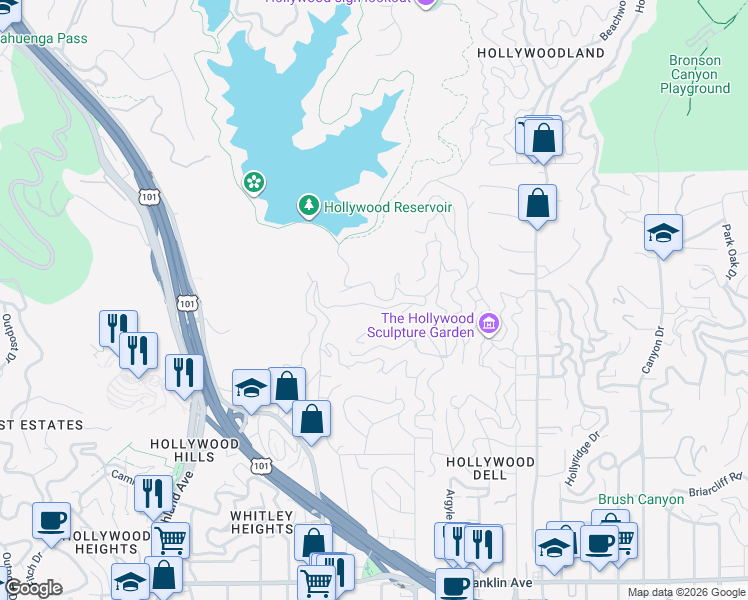 map of restaurants, bars, coffee shops, grocery stores, and more near 6425 Weidlake Drive in Los Angeles