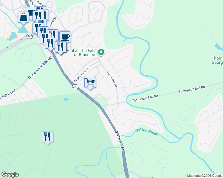 map of restaurants, bars, coffee shops, grocery stores, and more near 2330 Loowit Falls Drive in Braselton