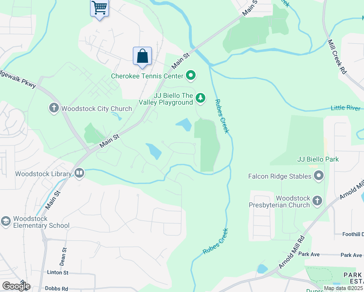 map of restaurants, bars, coffee shops, grocery stores, and more near 337 Spotted Ridge Circle in Woodstock