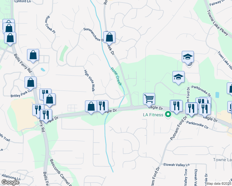 map of restaurants, bars, coffee shops, grocery stores, and more near 205 Wellesley Court in Woodstock