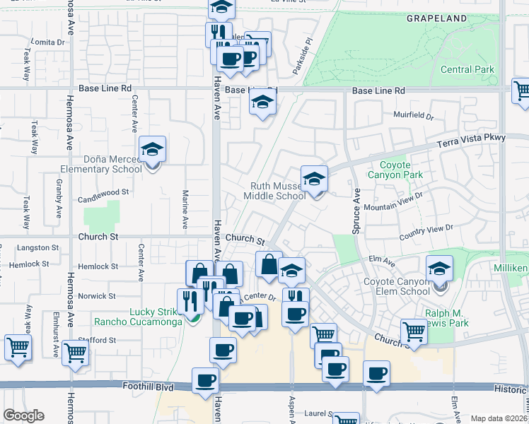 map of restaurants, bars, coffee shops, grocery stores, and more near 10658 Springfield Drive in Rancho Cucamonga