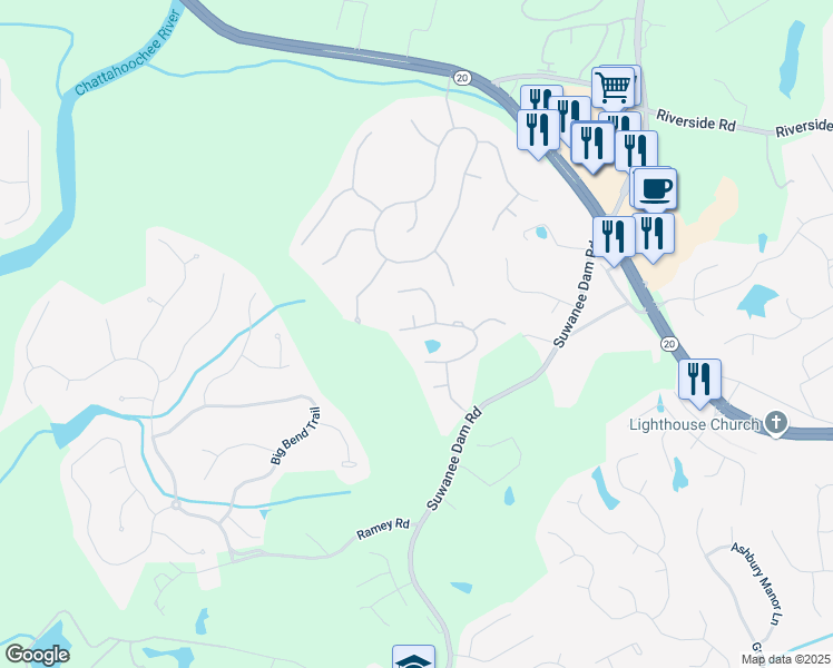 map of restaurants, bars, coffee shops, grocery stores, and more near 396 Ridge Walk Court in Sugar Hill