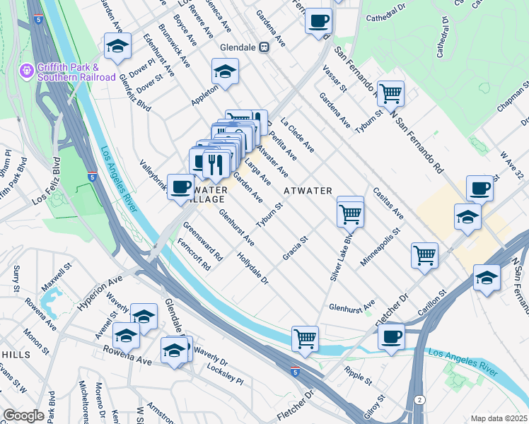 map of restaurants, bars, coffee shops, grocery stores, and more near 3410 Larga Avenue in Los Angeles