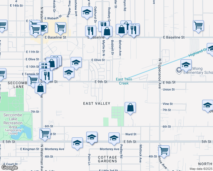 map of restaurants, bars, coffee shops, grocery stores, and more near 765 East 9th Street in San Bernardino