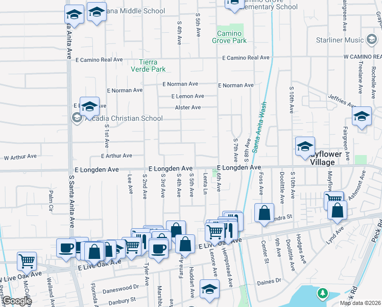 map of restaurants, bars, coffee shops, grocery stores, and more near 2107 South 5th Avenue in Arcadia