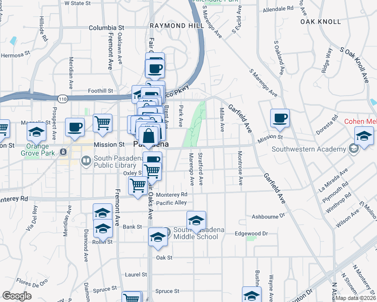 map of restaurants, bars, coffee shops, grocery stores, and more near 825 Park Avenue in South Pasadena