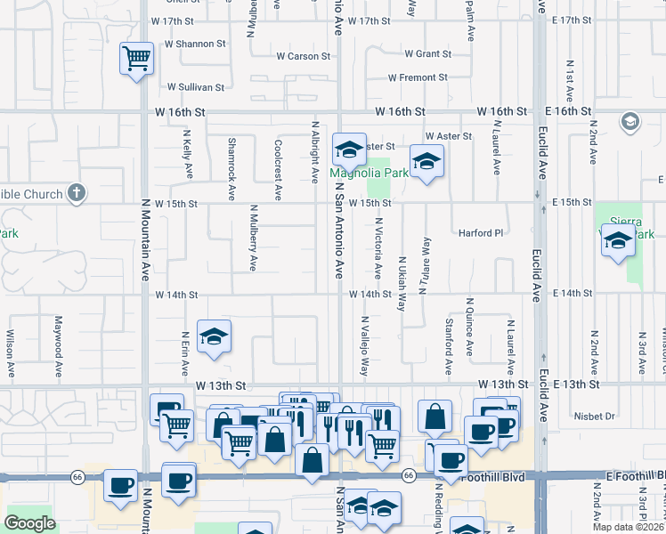 map of restaurants, bars, coffee shops, grocery stores, and more near 1427 North San Antonio Avenue in Upland