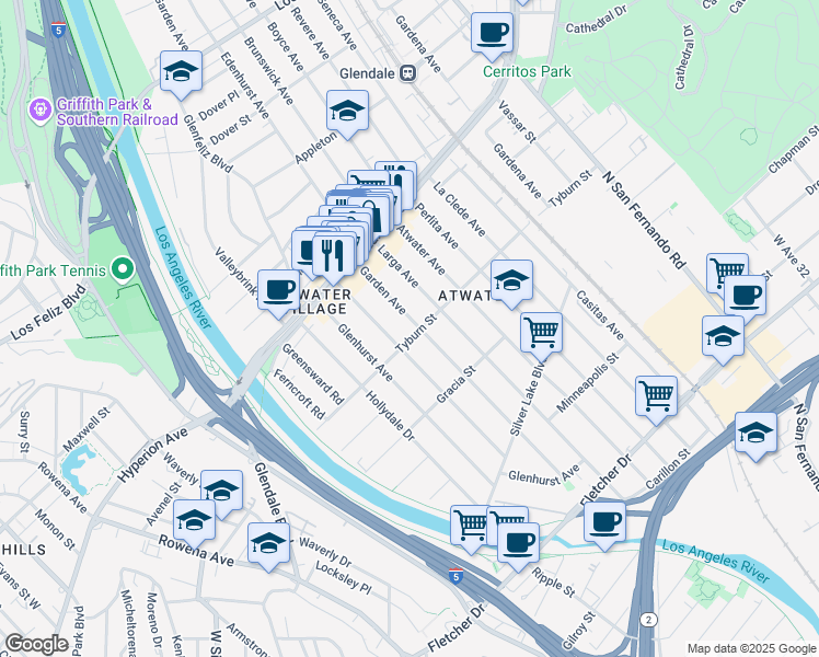 map of restaurants, bars, coffee shops, grocery stores, and more near 3406 Garden Avenue in Los Angeles