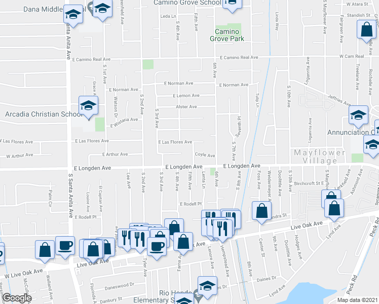 map of restaurants, bars, coffee shops, grocery stores, and more near 2107 South 5th Avenue in Arcadia