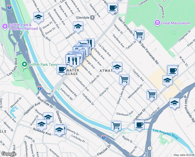 map of restaurants, bars, coffee shops, grocery stores, and more near 3371 Garden Avenue in Los Angeles