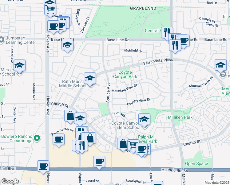 map of restaurants, bars, coffee shops, grocery stores, and more near 104 Spruce Avenue in Rancho Cucamonga