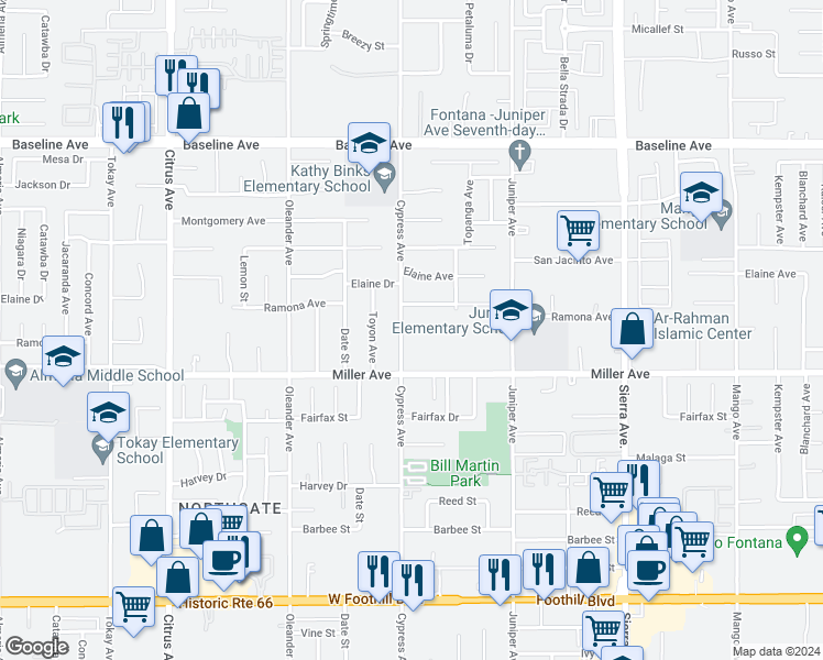 map of restaurants, bars, coffee shops, grocery stores, and more near 7625 Cypress Avenue in Fontana