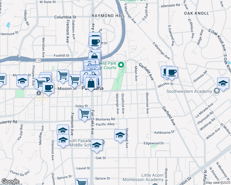map of restaurants, bars, coffee shops, grocery stores, and more near 1741 Mission Street in South Pasadena