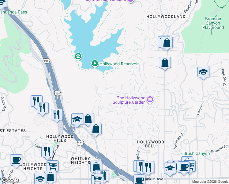 map of restaurants, bars, coffee shops, grocery stores, and more near 6425 Weidlake Drive in Los Angeles