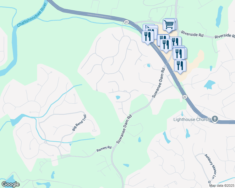 map of restaurants, bars, coffee shops, grocery stores, and more near 5914 Deer Walk Trail in Sugar Hill