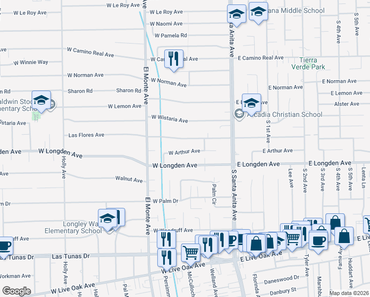 map of restaurants, bars, coffee shops, grocery stores, and more near 103 West Arthur Avenue in Arcadia