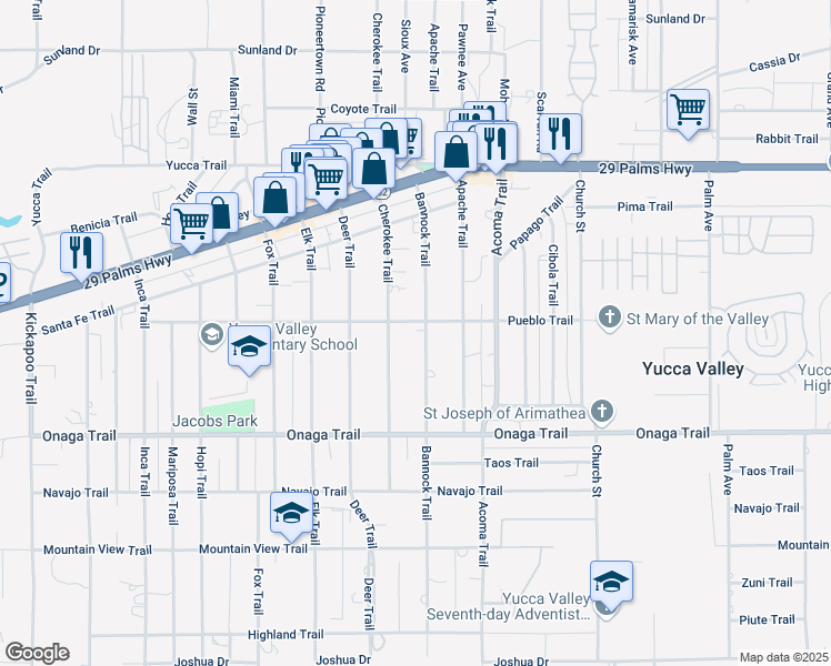 map of restaurants, bars, coffee shops, grocery stores, and more near 7491 Cherokee Trail in Yucca Valley