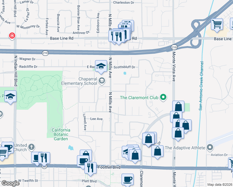 map of restaurants, bars, coffee shops, grocery stores, and more near 532 Black Hills Drive in Claremont