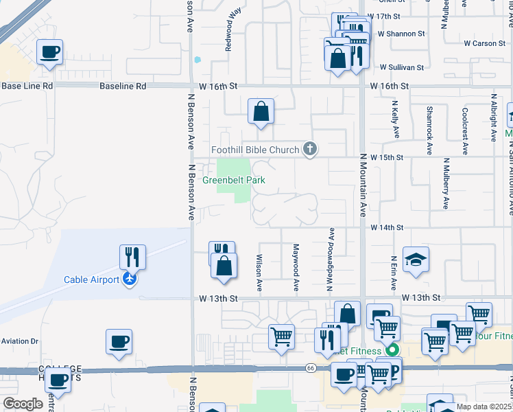 map of restaurants, bars, coffee shops, grocery stores, and more near 1418 West Lemonwood Drive in Upland