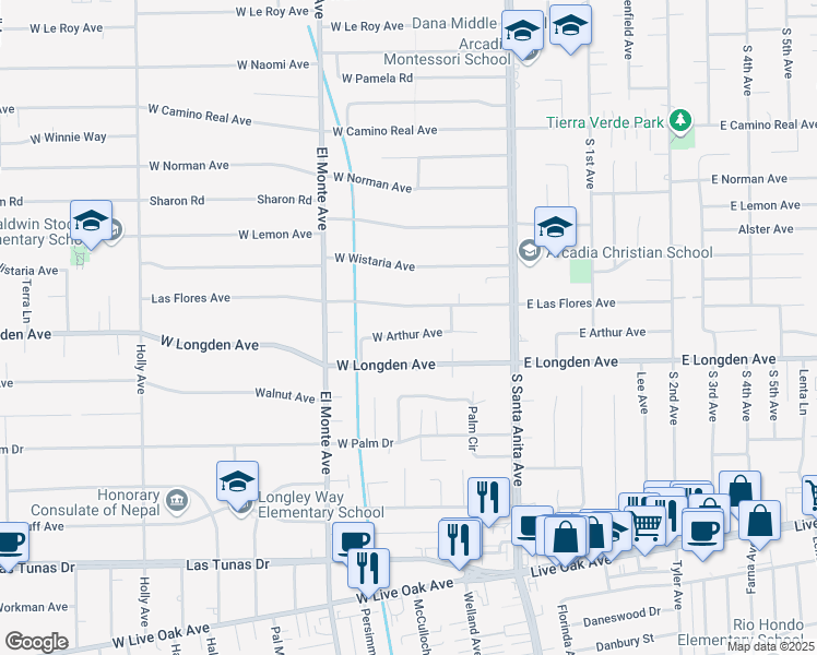 map of restaurants, bars, coffee shops, grocery stores, and more near 103 West Arthur Avenue in Arcadia