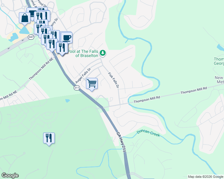 map of restaurants, bars, coffee shops, grocery stores, and more near 2330 Loowit Falls Drive in Braselton