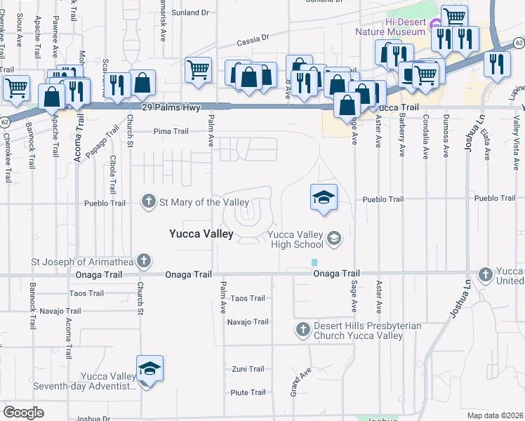 map of restaurants, bars, coffee shops, grocery stores, and more near in Yucca Valley