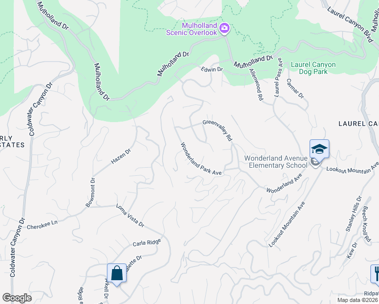 map of restaurants, bars, coffee shops, grocery stores, and more near 8973 Wonderland Park Avenue in Los Angeles