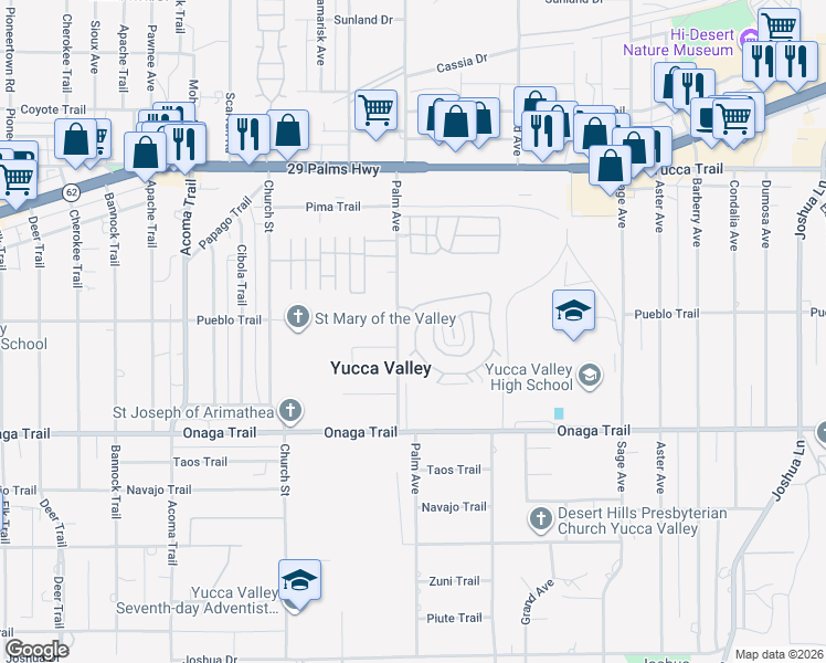 map of restaurants, bars, coffee shops, grocery stores, and more near 7501 Palm Avenue in Yucca Valley