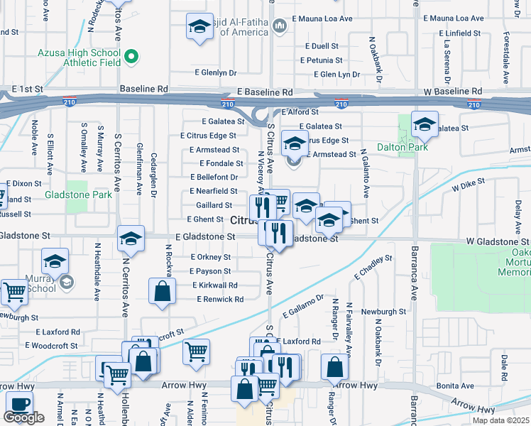 map of restaurants, bars, coffee shops, grocery stores, and more near 5659 North Viceroy Avenue in Azusa