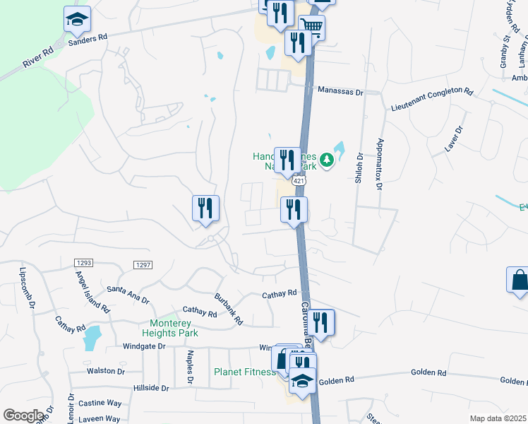 map of restaurants, bars, coffee shops, grocery stores, and more near 6140 Carolina Beach Road in Wilmington