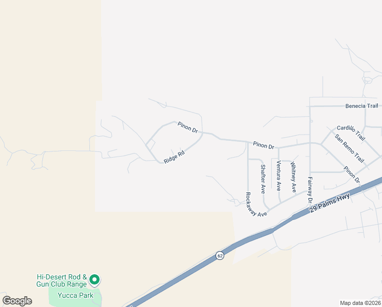 map of restaurants, bars, coffee shops, grocery stores, and more near 54046 Ridge Road in Yucca Valley