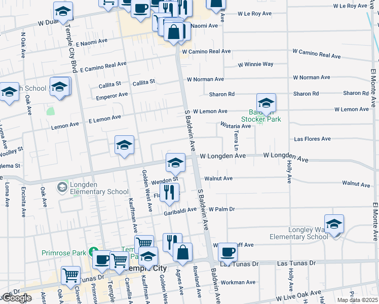 map of restaurants, bars, coffee shops, grocery stores, and more near 710 Estrella Avenue in Arcadia