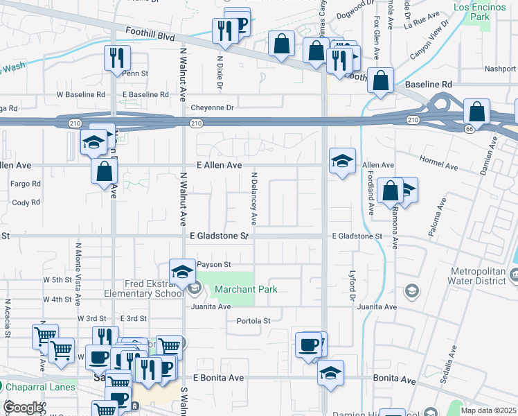 map of restaurants, bars, coffee shops, grocery stores, and more near 740 North Delancey Avenue in San Dimas