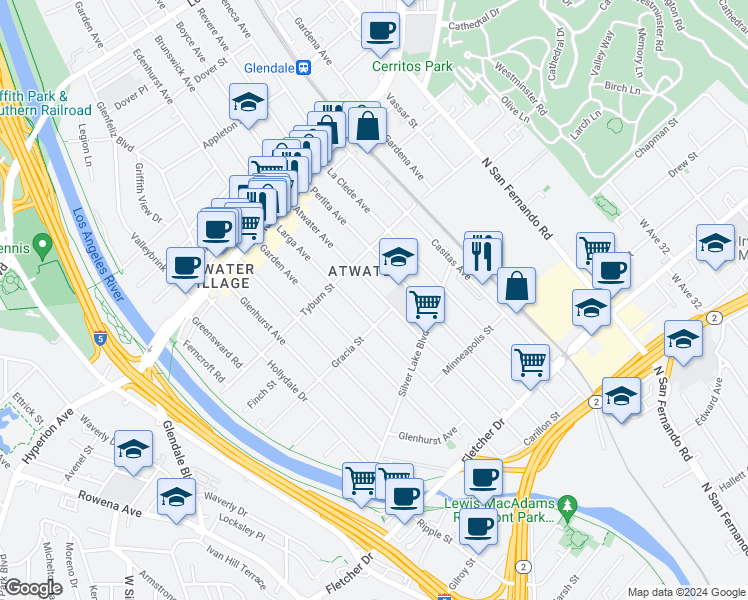 map of restaurants, bars, coffee shops, grocery stores, and more near 3322 Atwater Avenue in Los Angeles
