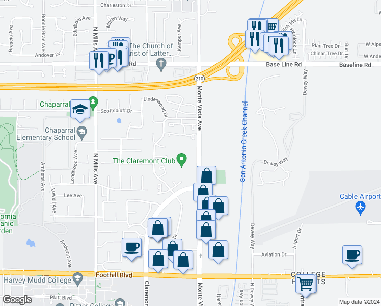 map of restaurants, bars, coffee shops, grocery stores, and more near 1777 Monte Vista Avenue in Claremont